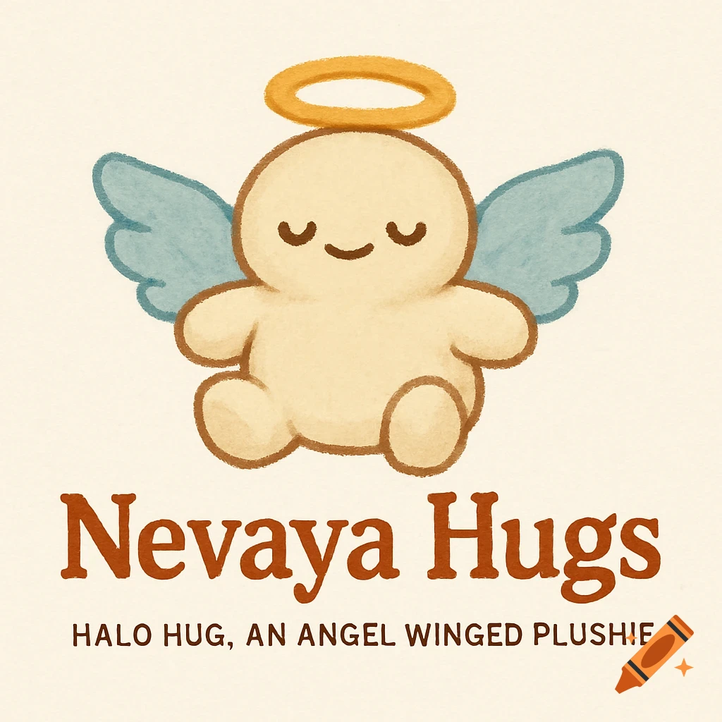 Illustration of a cute angel plushie with a halo and wings above text for 'Nevaya Hugs' and 'HALO HUG, AN ANGEL WINGED PLUSHIE'.