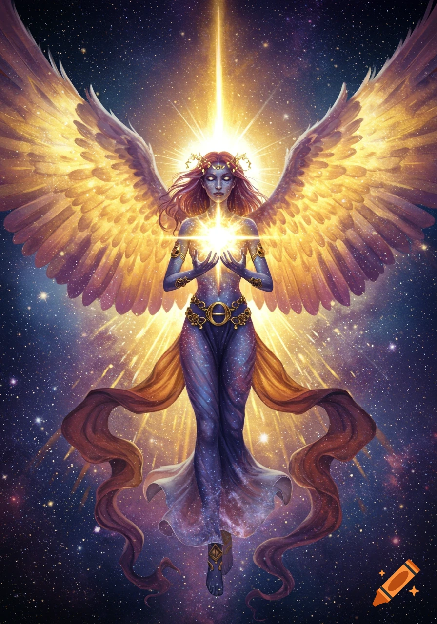 A winged figure with glowing eyes and radiant wings stands in space ...
