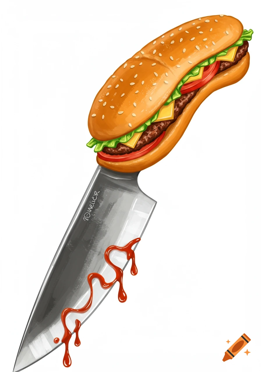 Stylized illustration of a chef's knife with a long burger on top, dripping red liquid.