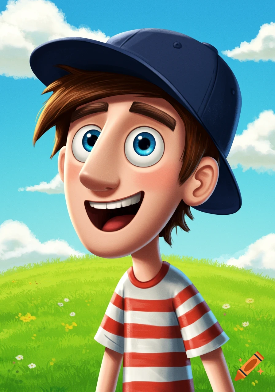 A cartoon boy in a striped shirt and blue baseball cap smiles in a field.