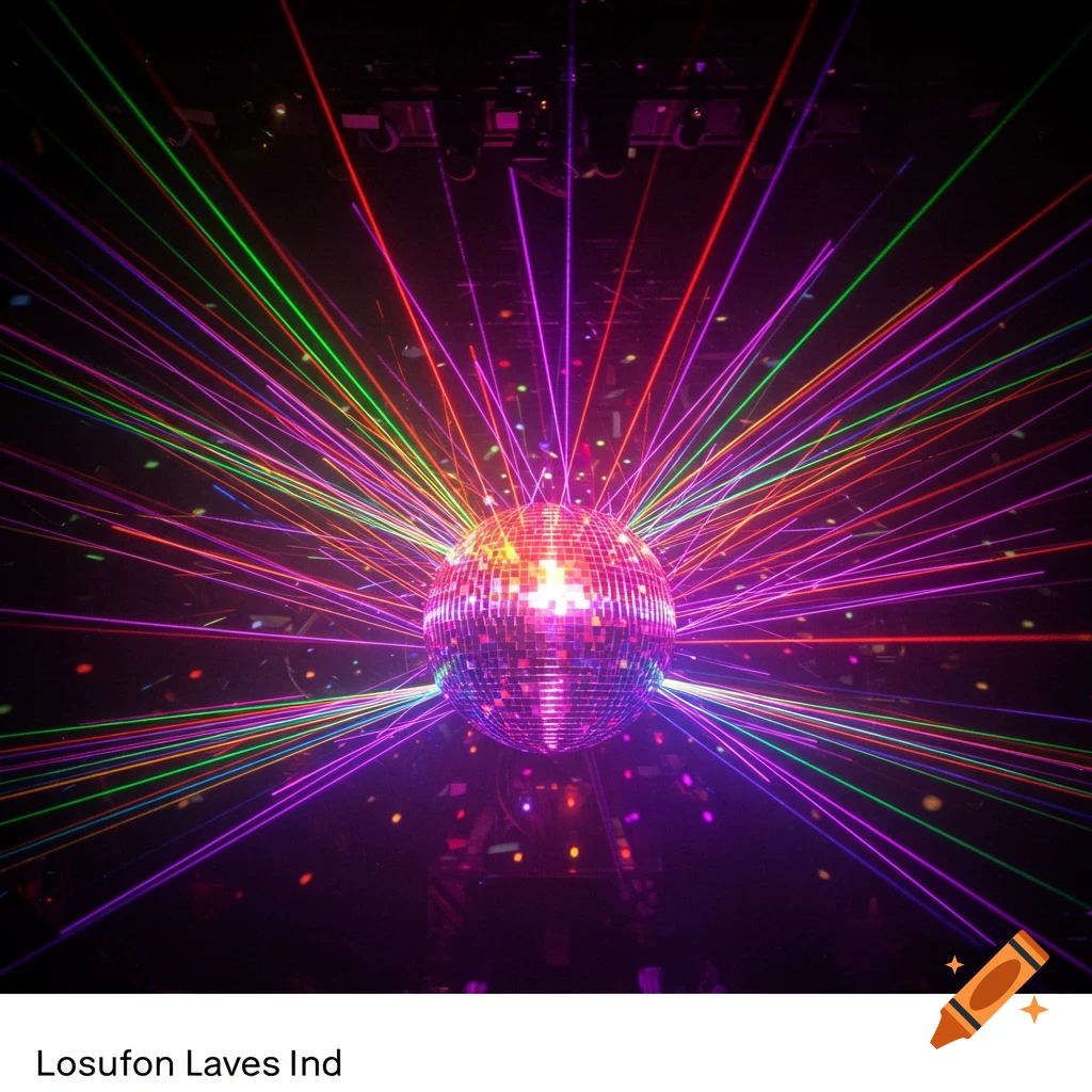A shiny disco ball illuminated by red, green, and purple laser beams in a dark room.