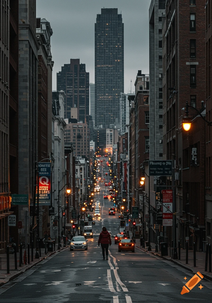 Person walking down a rainy city street towards tall buildings at dusk.