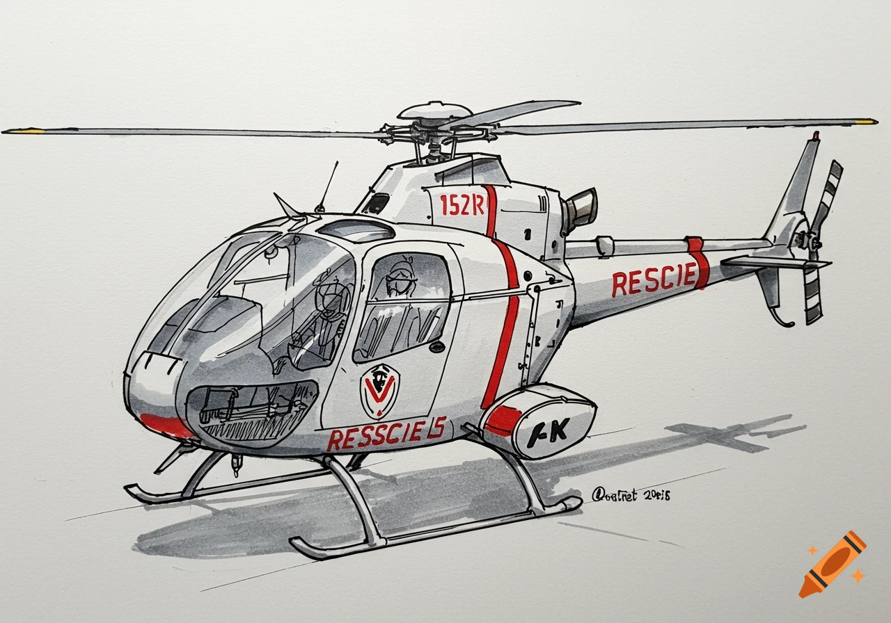 Drawing of a white rescue helicopter with red stripes and text