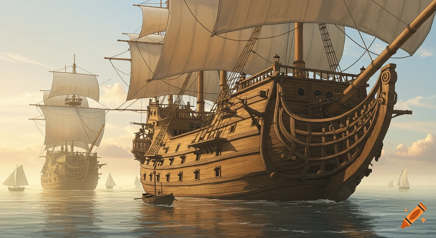 Large wooden sailing ships sail on a calm sea in an illustrative style.