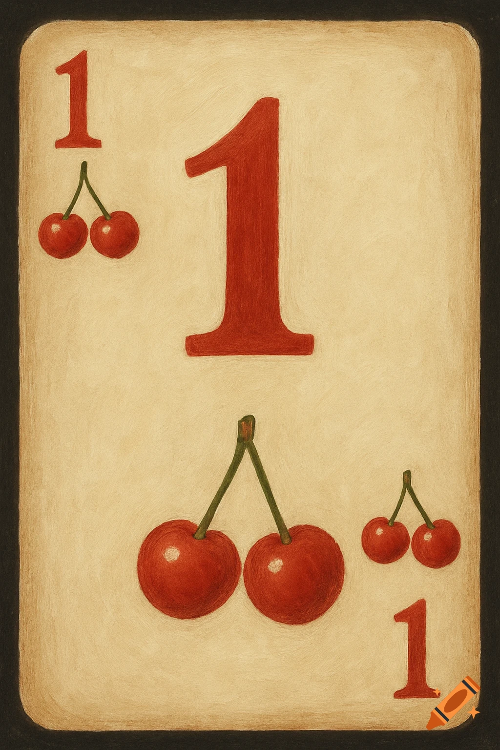 An illustrated playing card featuring the number one and cherries in a minimalist style.