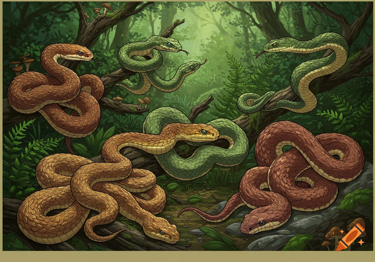 Illustration of multiple brown and green snakes in a forest.