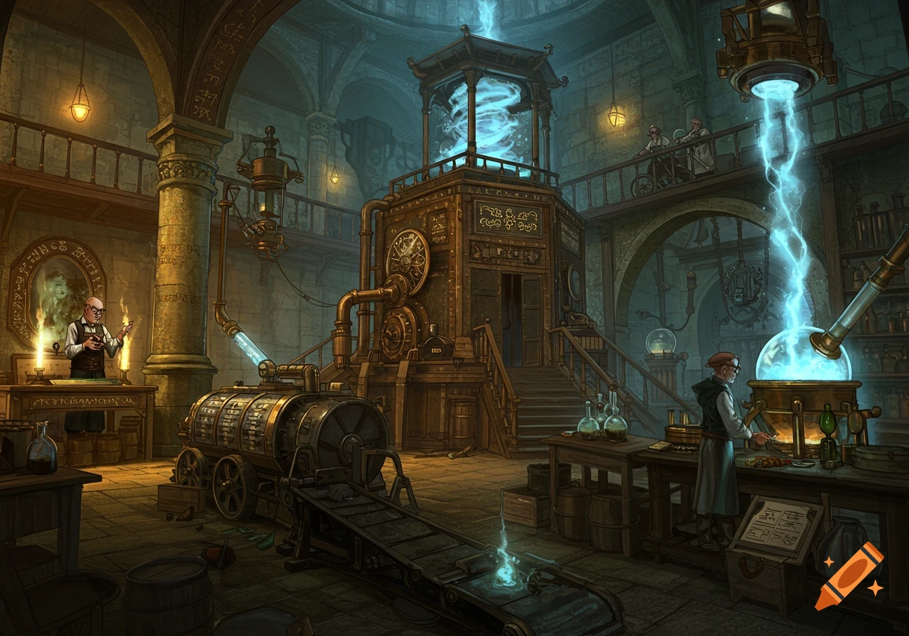 A detailed illustration of a steampunk workshop with large machinery, conveyor belts, and magical energy effects, with figures working