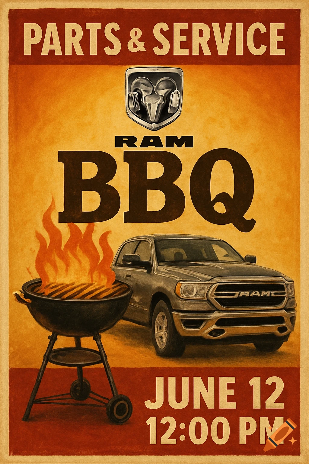 A vintage-style poster for a Ram Parts & Service BBQ, showing a grill, a truck, text, and event details.