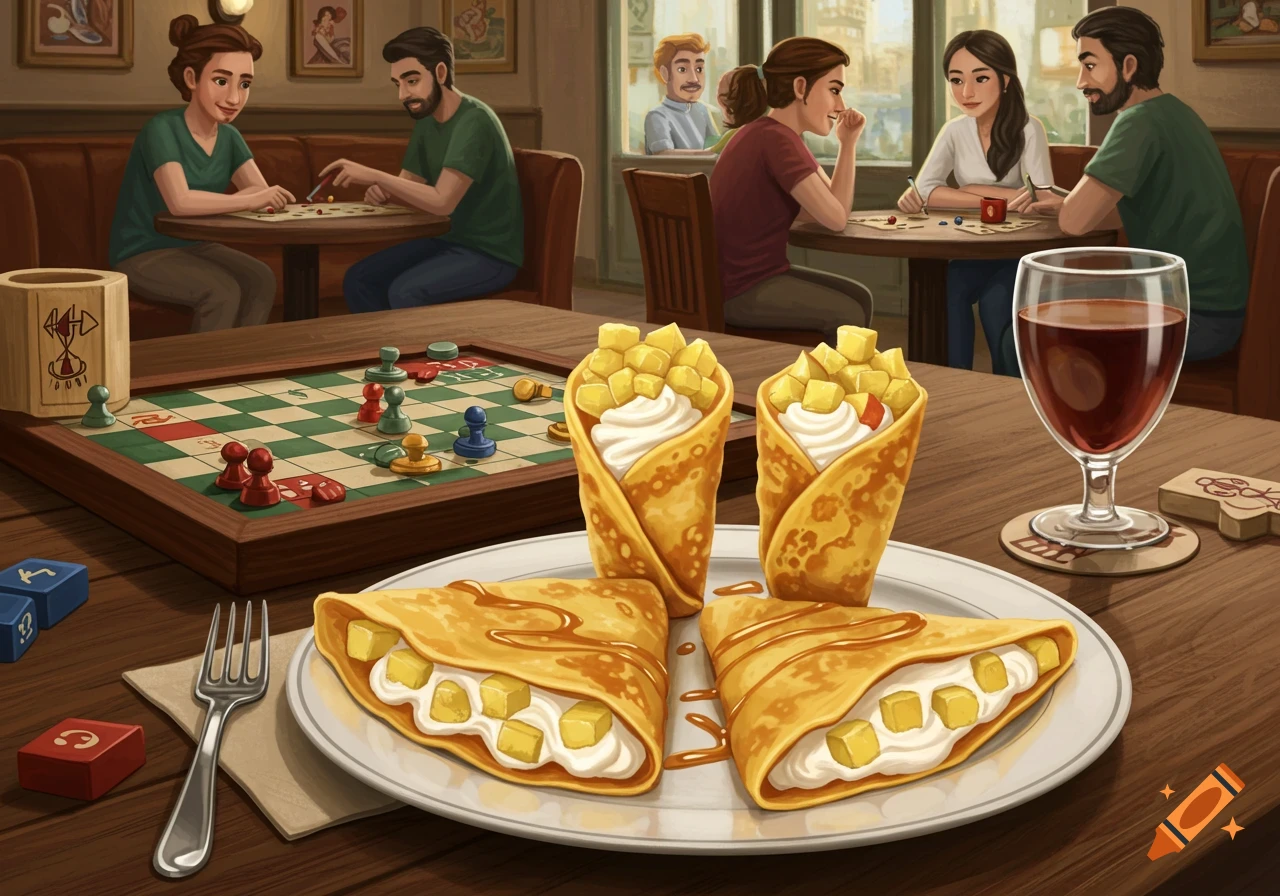 Fancy crepes with apple and cream on a table with people playing board games in a cafe, illustration.