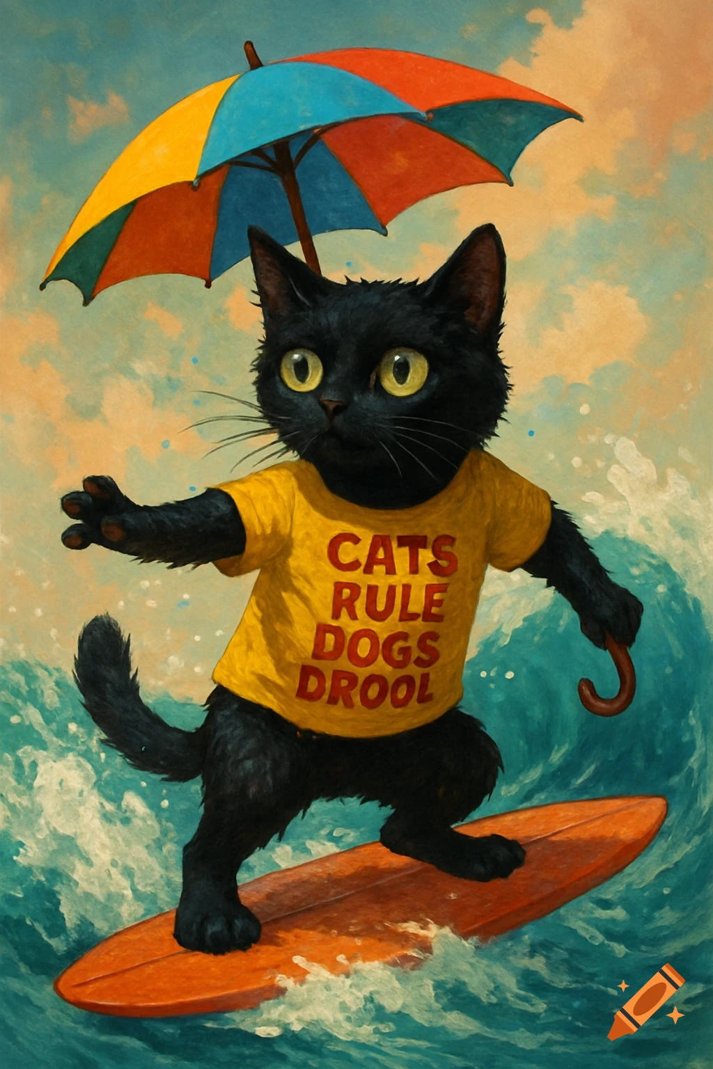 A black cat surfing on a wave, wearing a yellow shirt that says 'Cats Rule Dogs Drool' and holding a colorful umbrella.