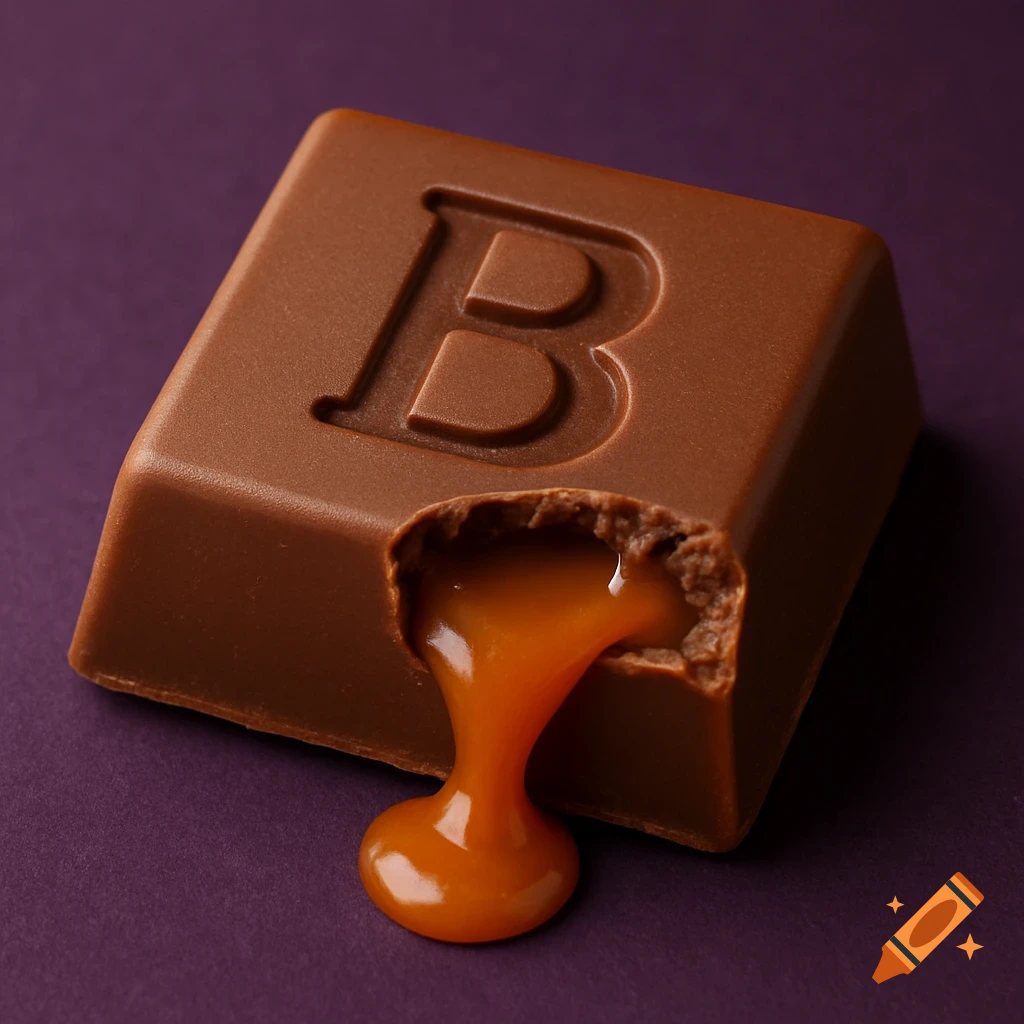 Realistic close-up of a milk chocolate bar with a B logo, bitten with caramel oozing out, on a purple background.