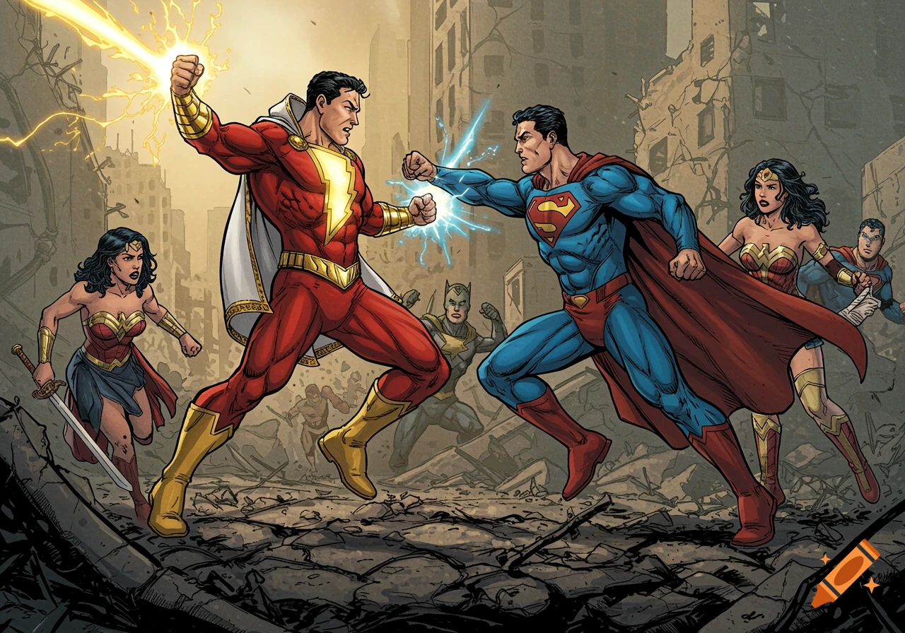 Shazam battles Superman in a ruined city with other heroes watching, comic book art style.