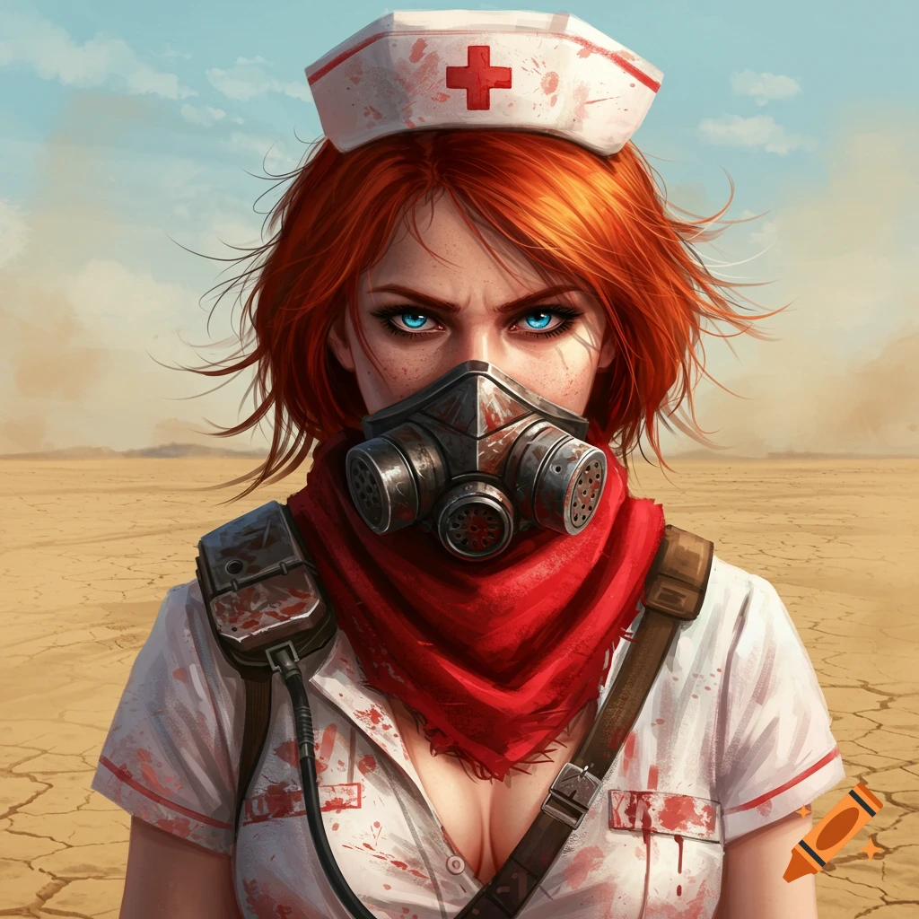 Redhead woman in post-apocalyptic nurse uniform and gas mask in a desert.