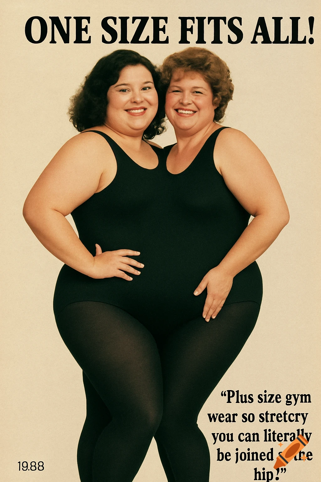 Vintage ad of two smiling curvy women sharing a black leotard outfit, text 'ONE SIZE FITS ALL!'