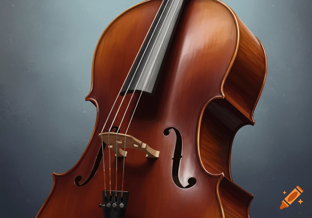 Close up of a cello with its strings, bridge, and f-holes visible.