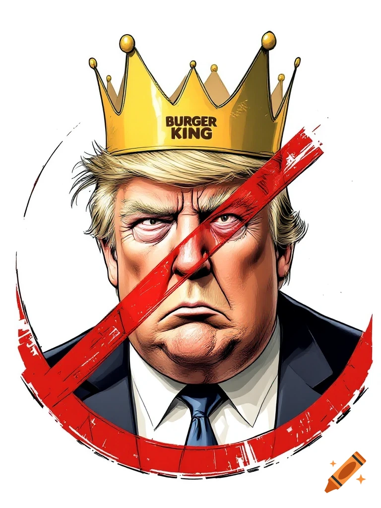 Cartoon caricature of Donald Trump wearing a Burger King crown with a red prohibition sign over him
