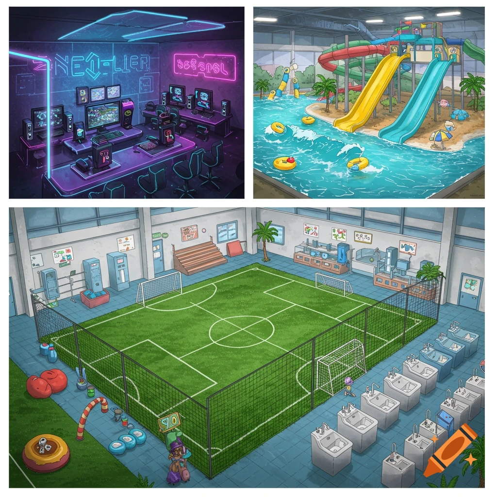 Illustrated collage of a gaming room, water park, indoor soccer field, and washroom.