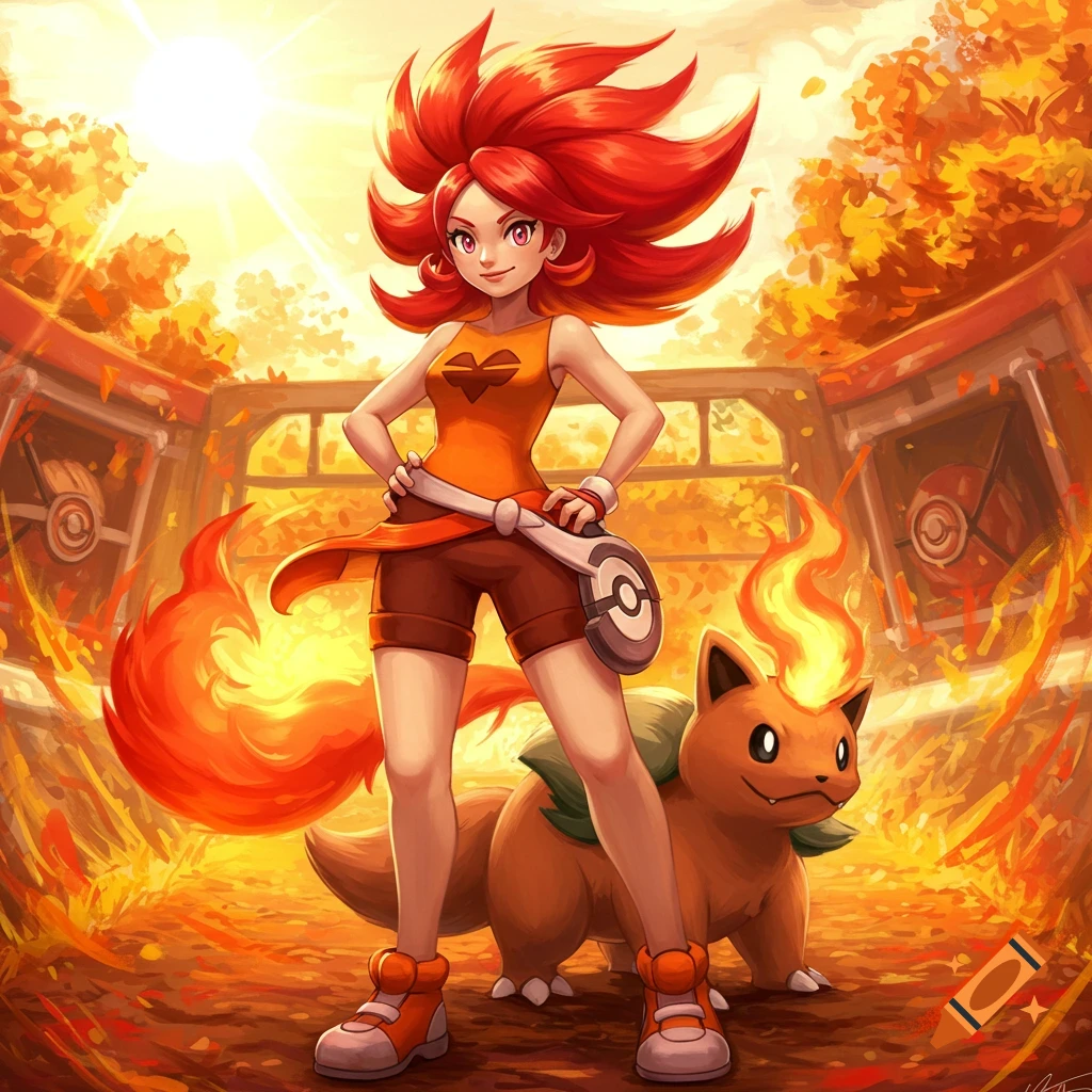 A girl with fiery red hair and a creature resembling a fox with fire on ...