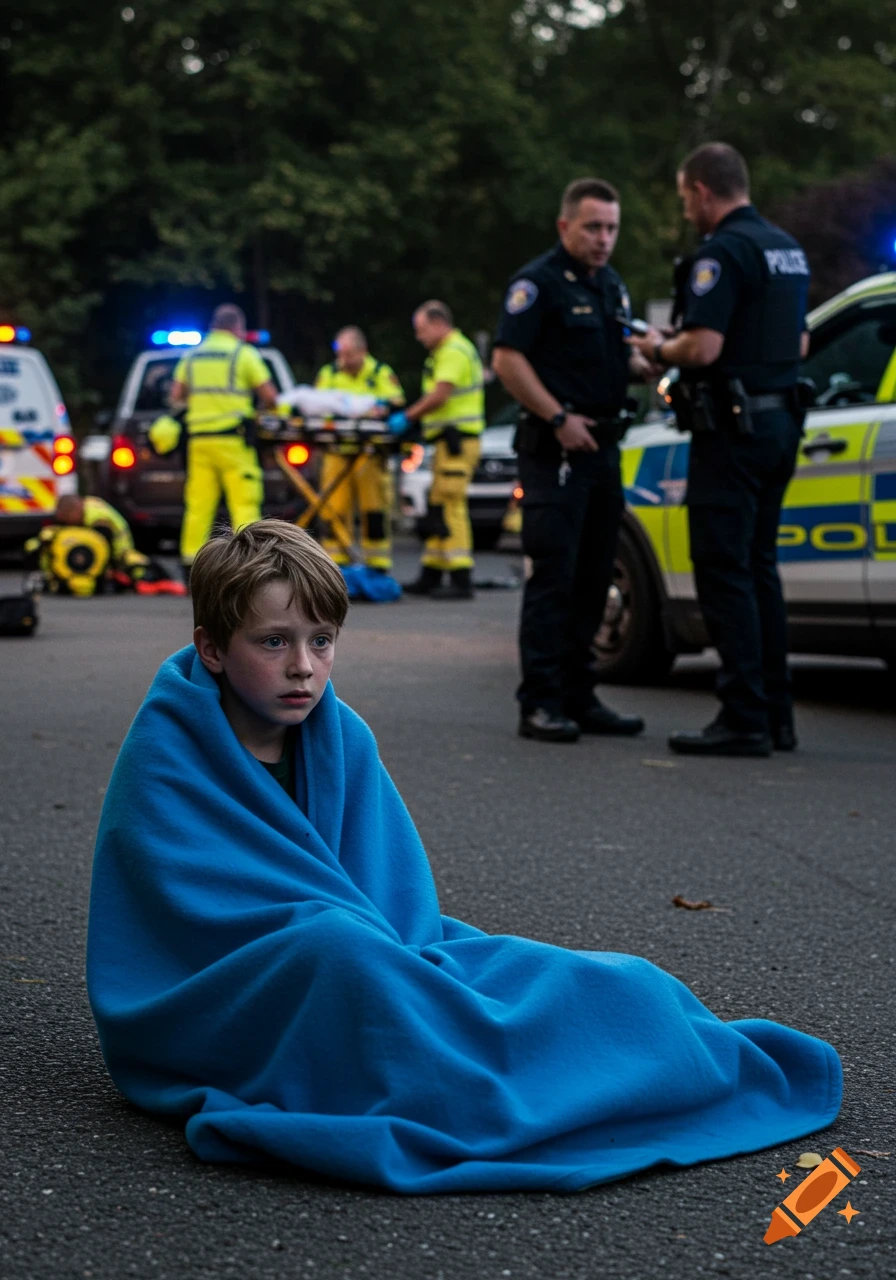 A boy wrapped in a blue blanket sits on the road near police officers and paramedics at the scene of an incident. Cinematic photography.