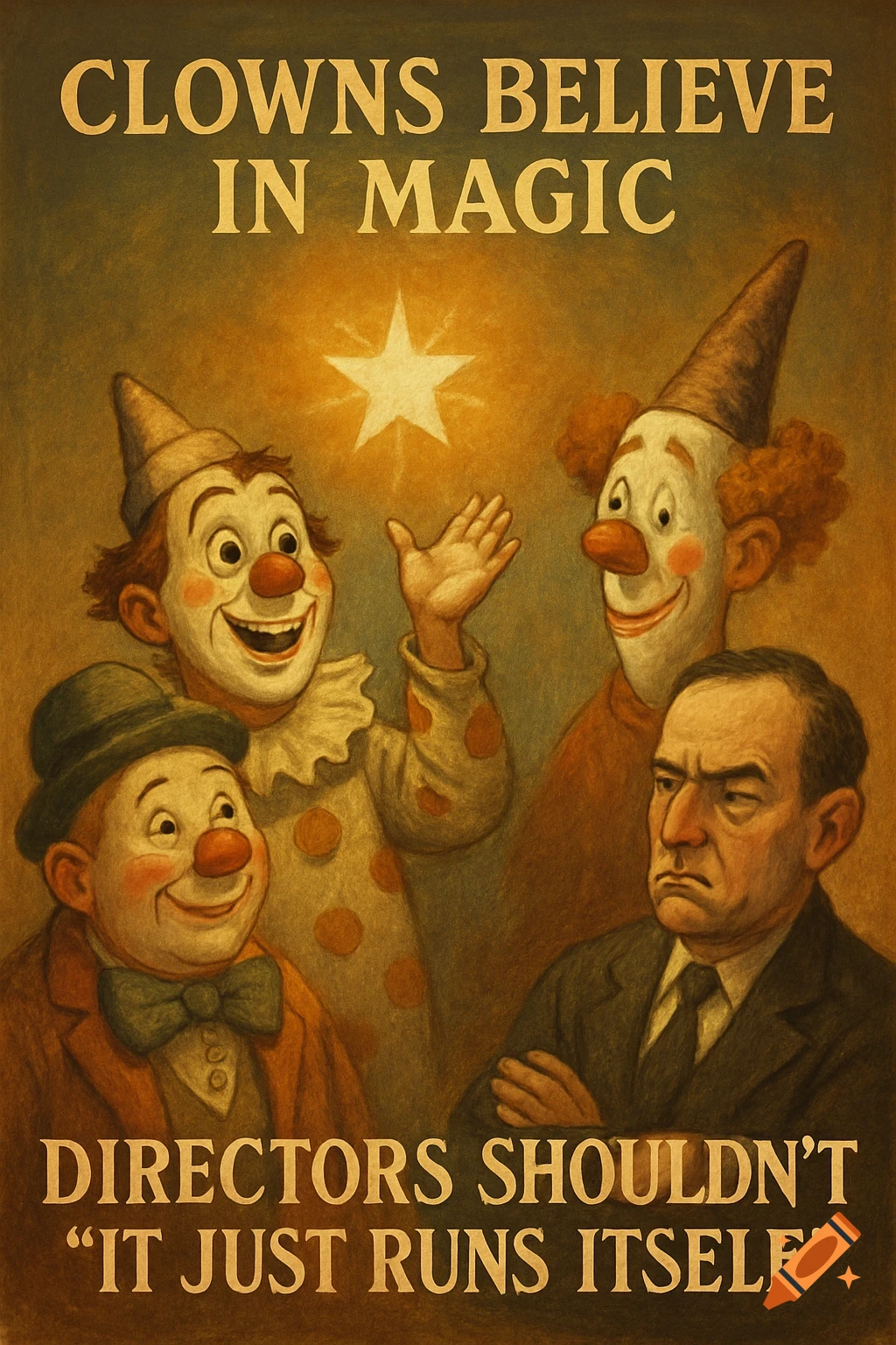 A vintage style poster illustration showing three smiling clowns and one stern man, with text.