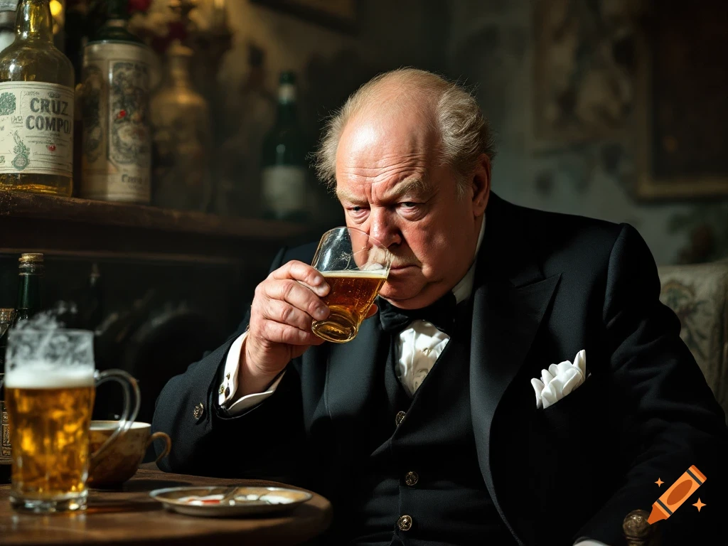 A man resembling Winston Churchill drinks a beer in a dimly lit bar.