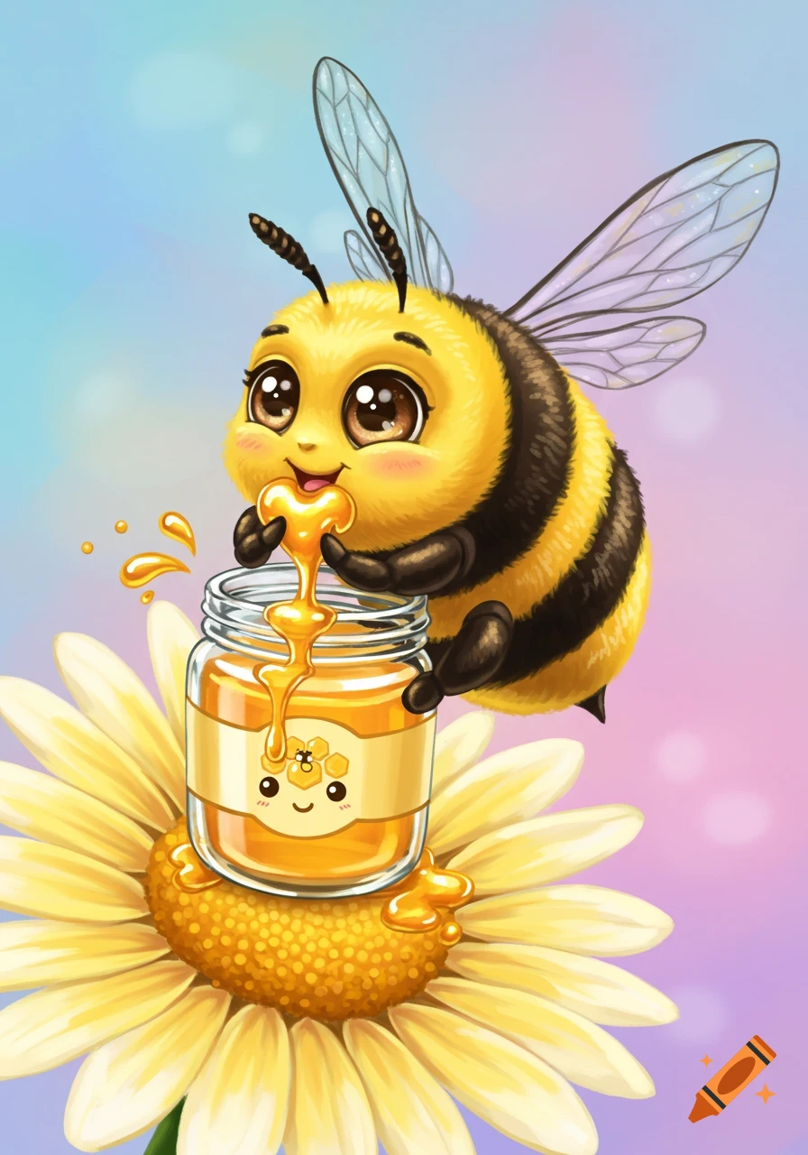 Cute cartoon bee drinks honey from a jar on a large yellow flower.