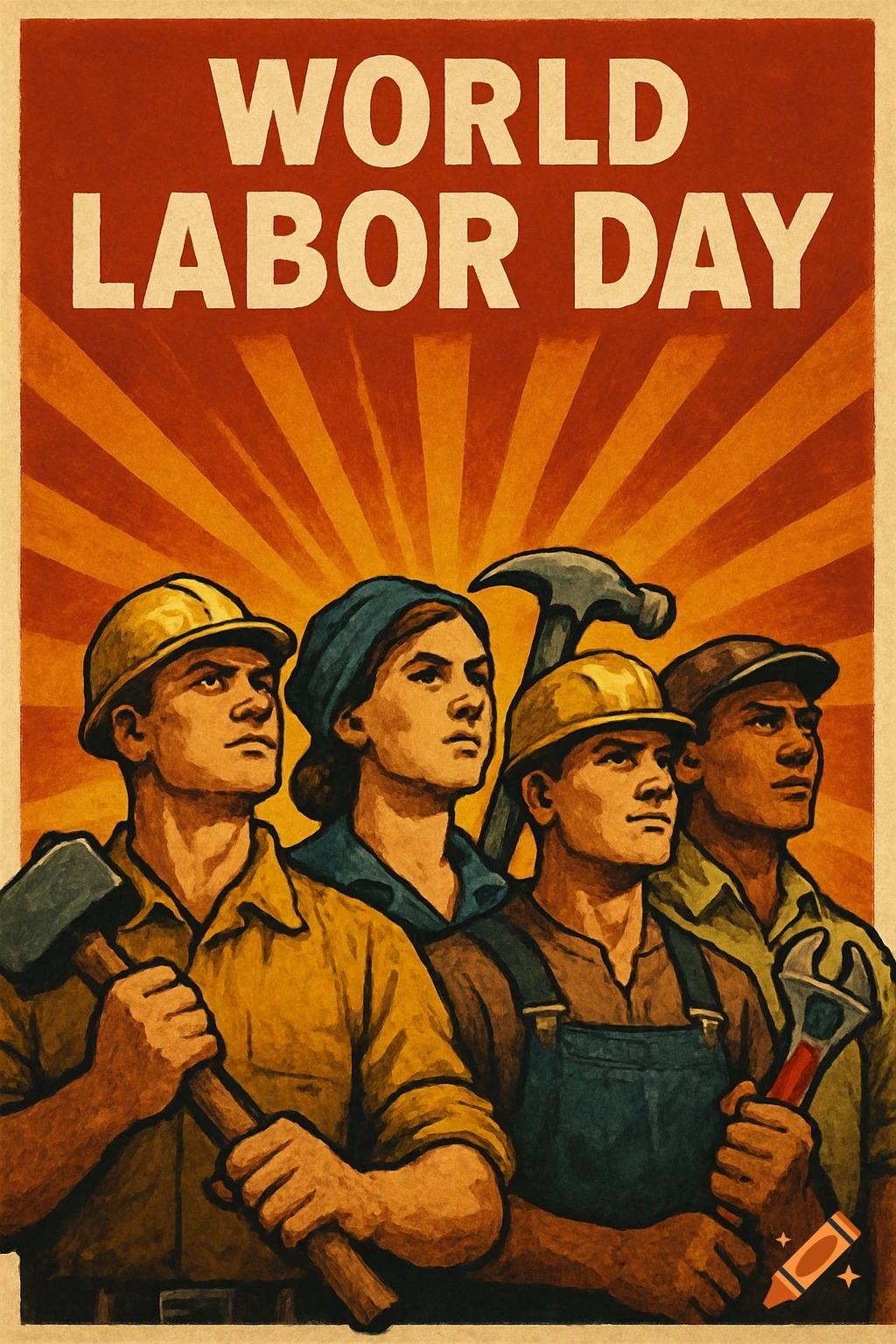 A stylized poster depicting workers holding tools, with the text "WORLD LABOR DAY" above.