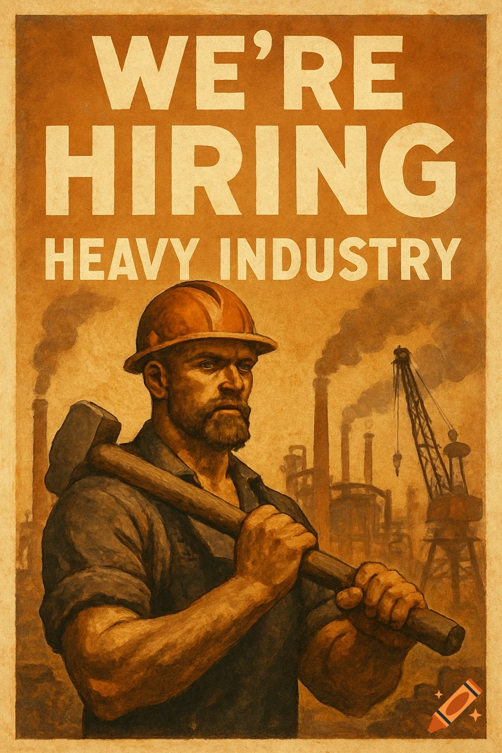 Propaganda poster style illustration of a rugged worker with a sledgehammer over his shoulder, standing in front of a heavy industry factory with smokestacks. Text reads "WE'RE HIRING HEAVY INDUSTRY".
