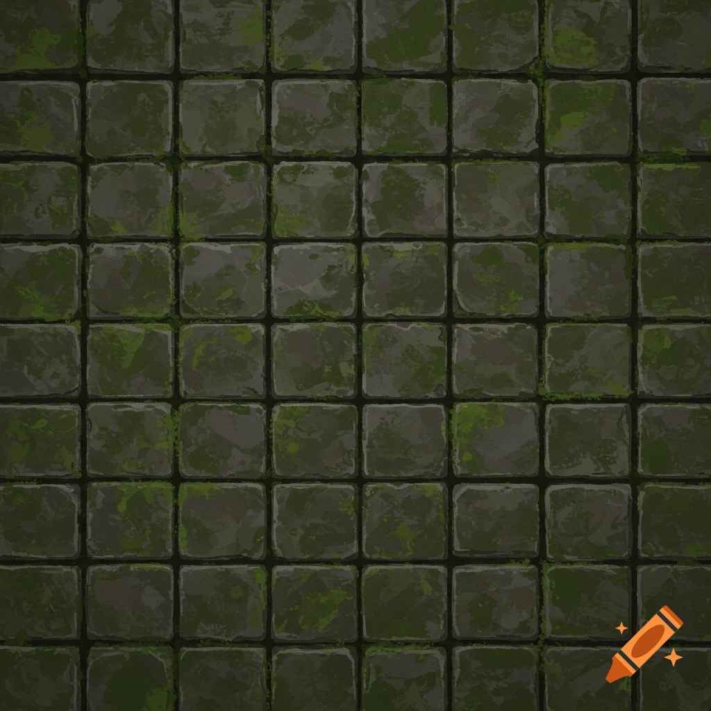 Seamless pattern of mossy cobblestone tiles.