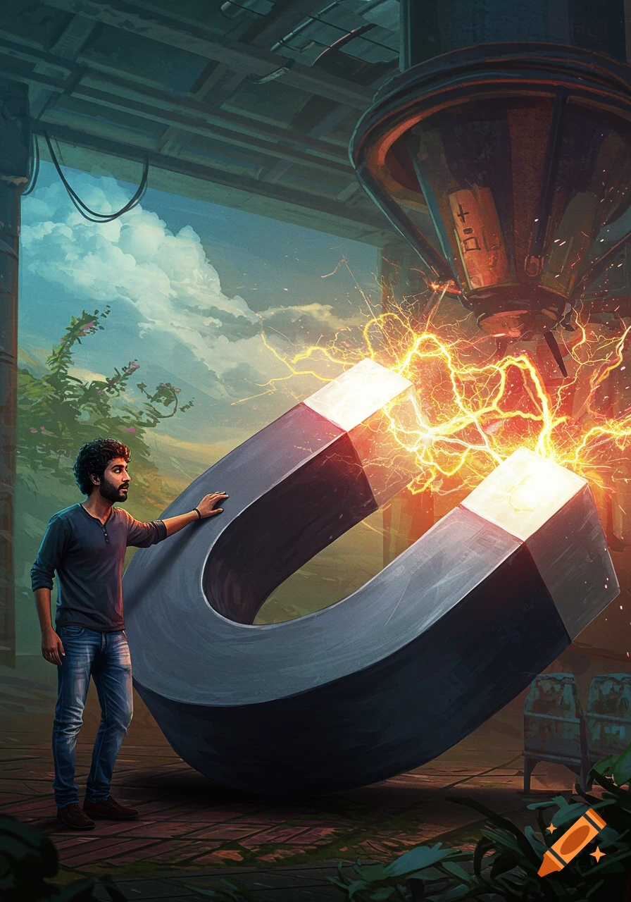 A man stands next to a giant horseshoe magnet crackling with electricity in a sci-fi landscape.