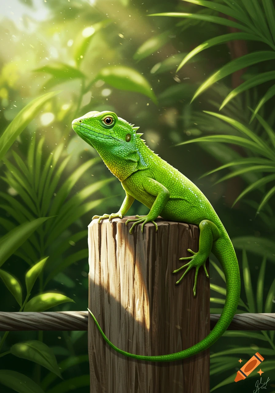A bright green lizard sits atop a wooden post in a lush jungle, illuminated by sunlight.