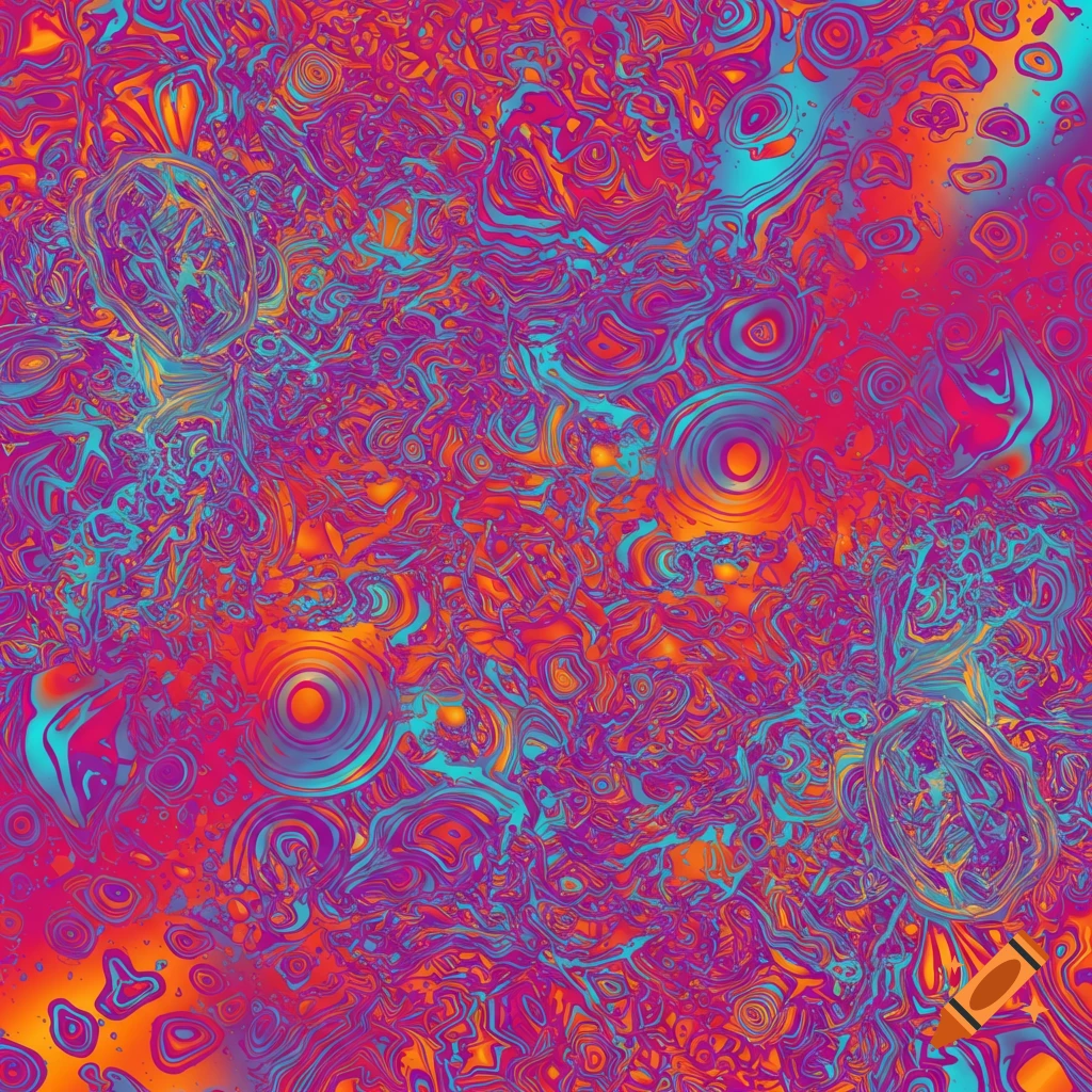 An abstract psychedelic pattern in magenta, orange, teal, and purple.