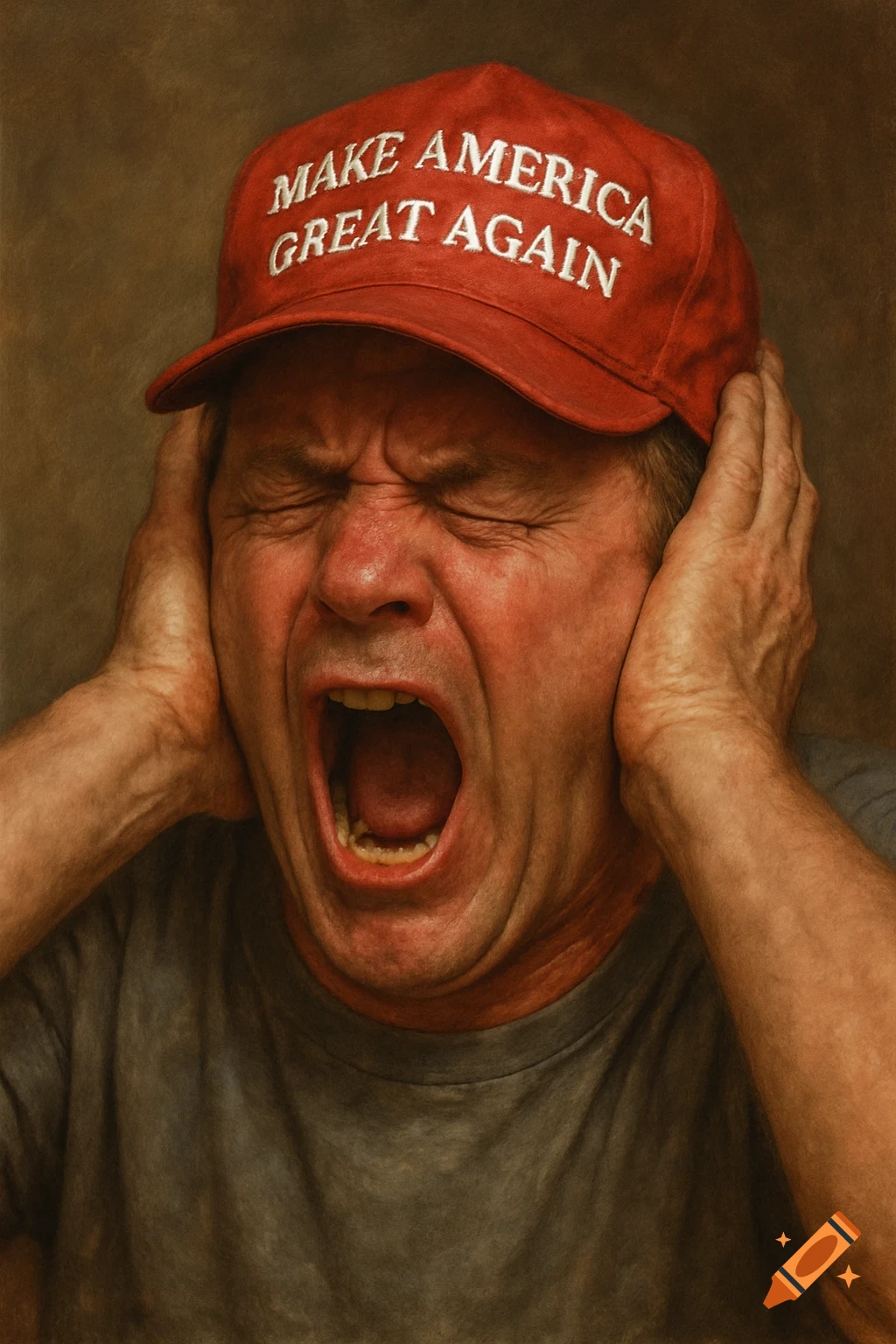 Close-up of a man in a red MAGA hat screaming and covering his ears, photorealistic style.