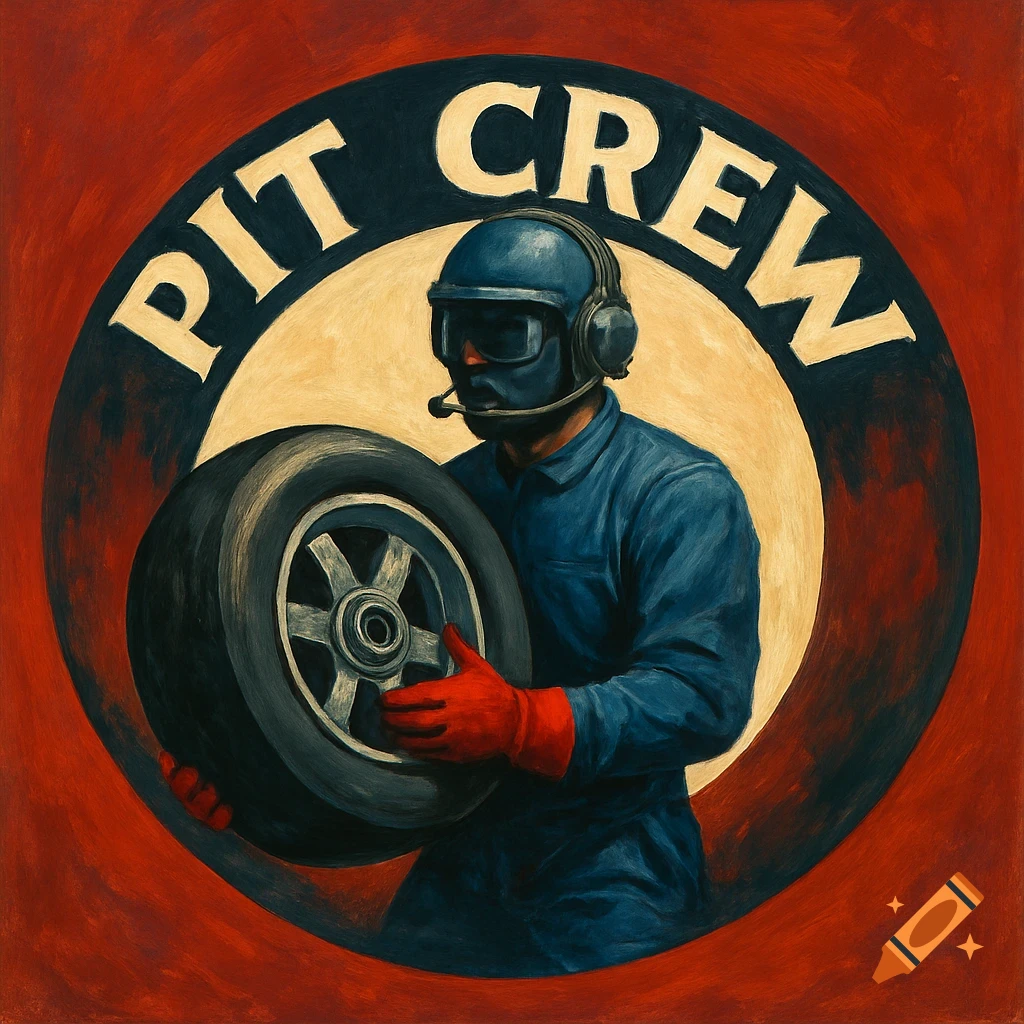 Pit crew logo with a person in a helmet holding a tire in a retro illustration style.