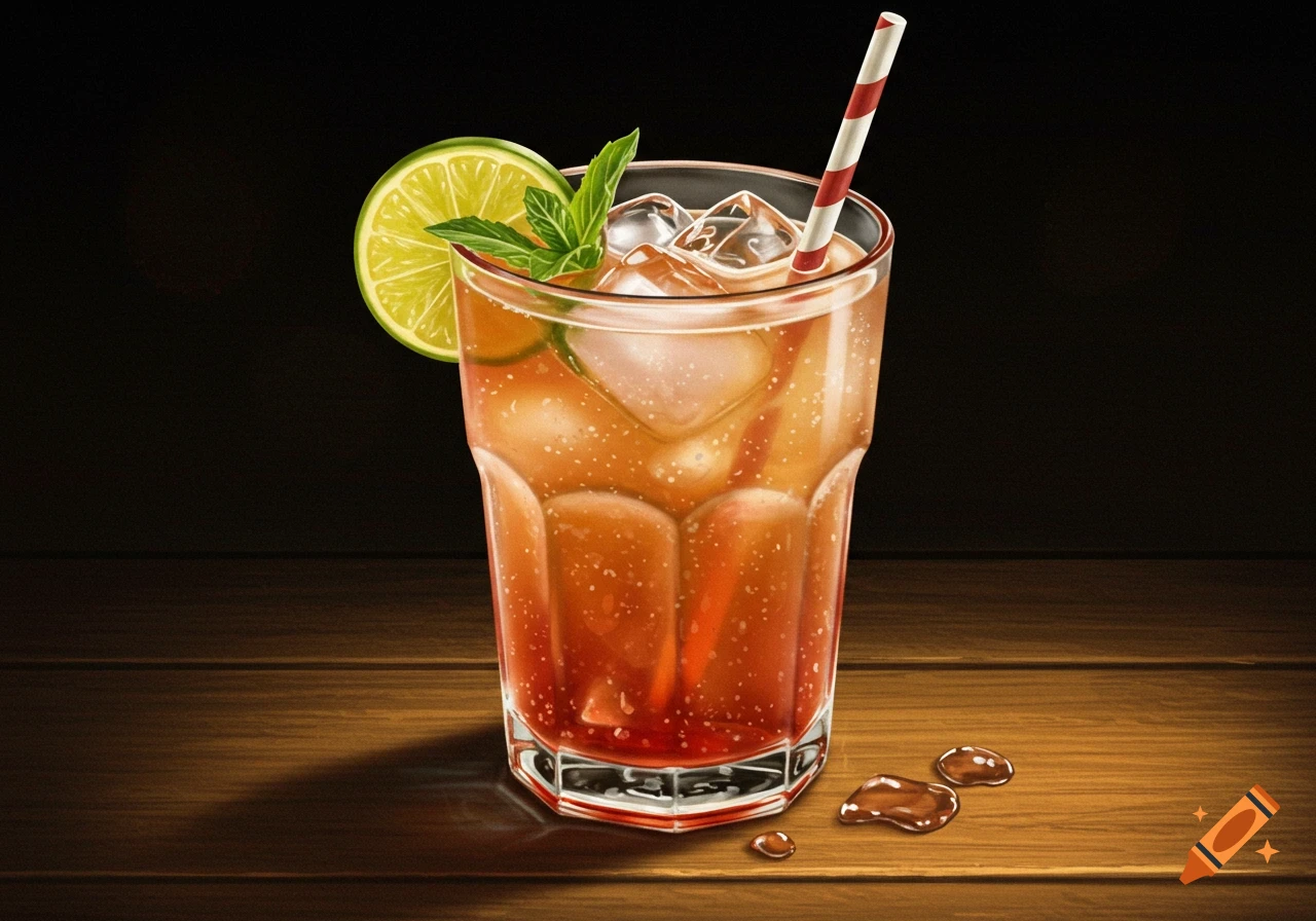 A close-up photorealistic image of a drink with ice, lime, mint, and a red and white straw on a wooden surface.