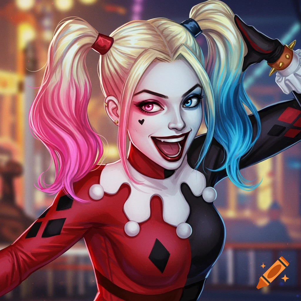 Portrait of Harley Quinn smiling in her red and black jester costume, with split blonde/pink and blonde/blue pigtails.
