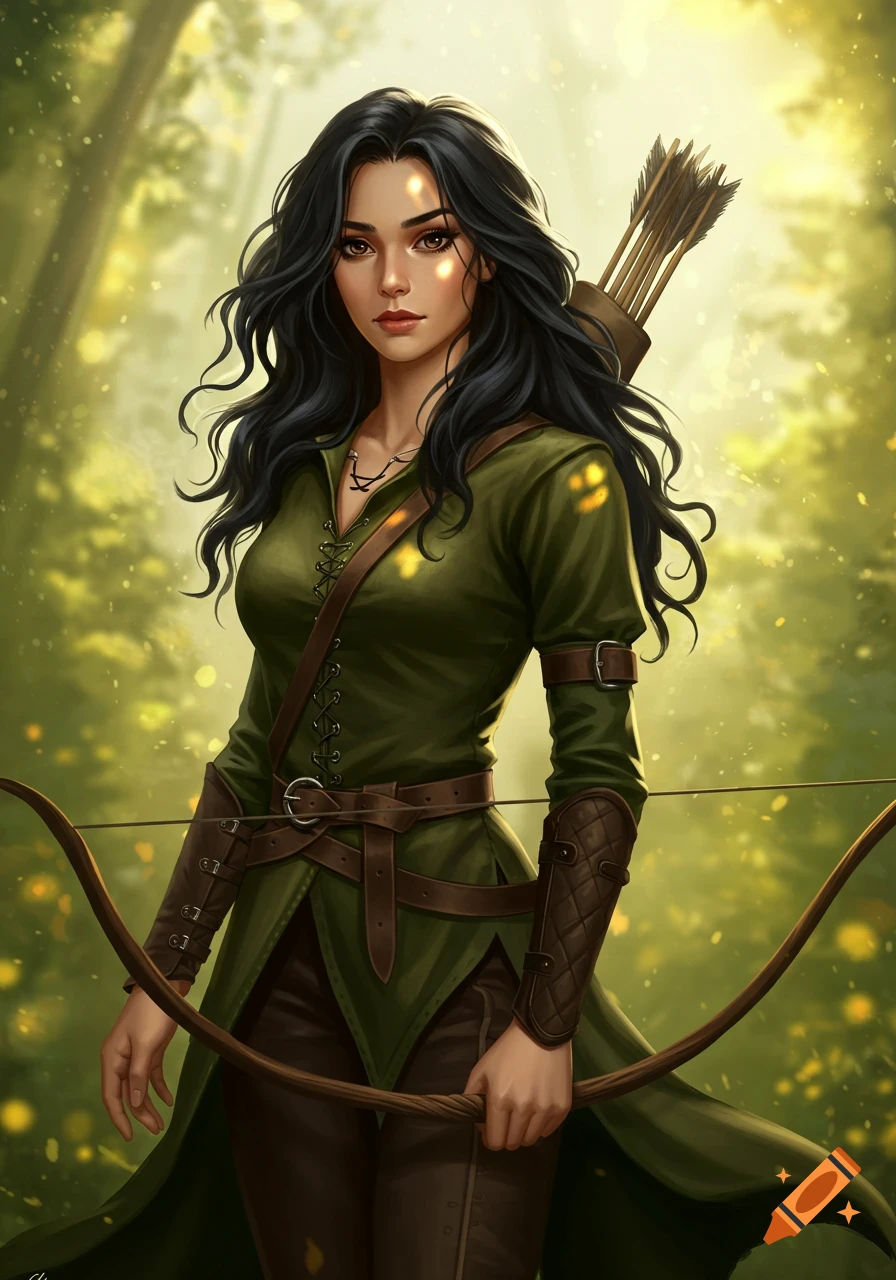 A fantasy illustration of a woman archer in a forest, with long black hair and a bow.