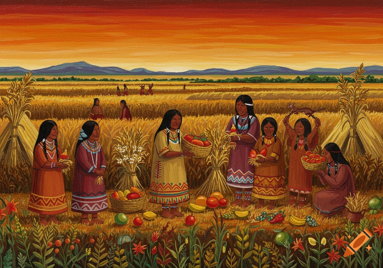 Indigenous people harvest crops in a field under an orange sky, painting style.
