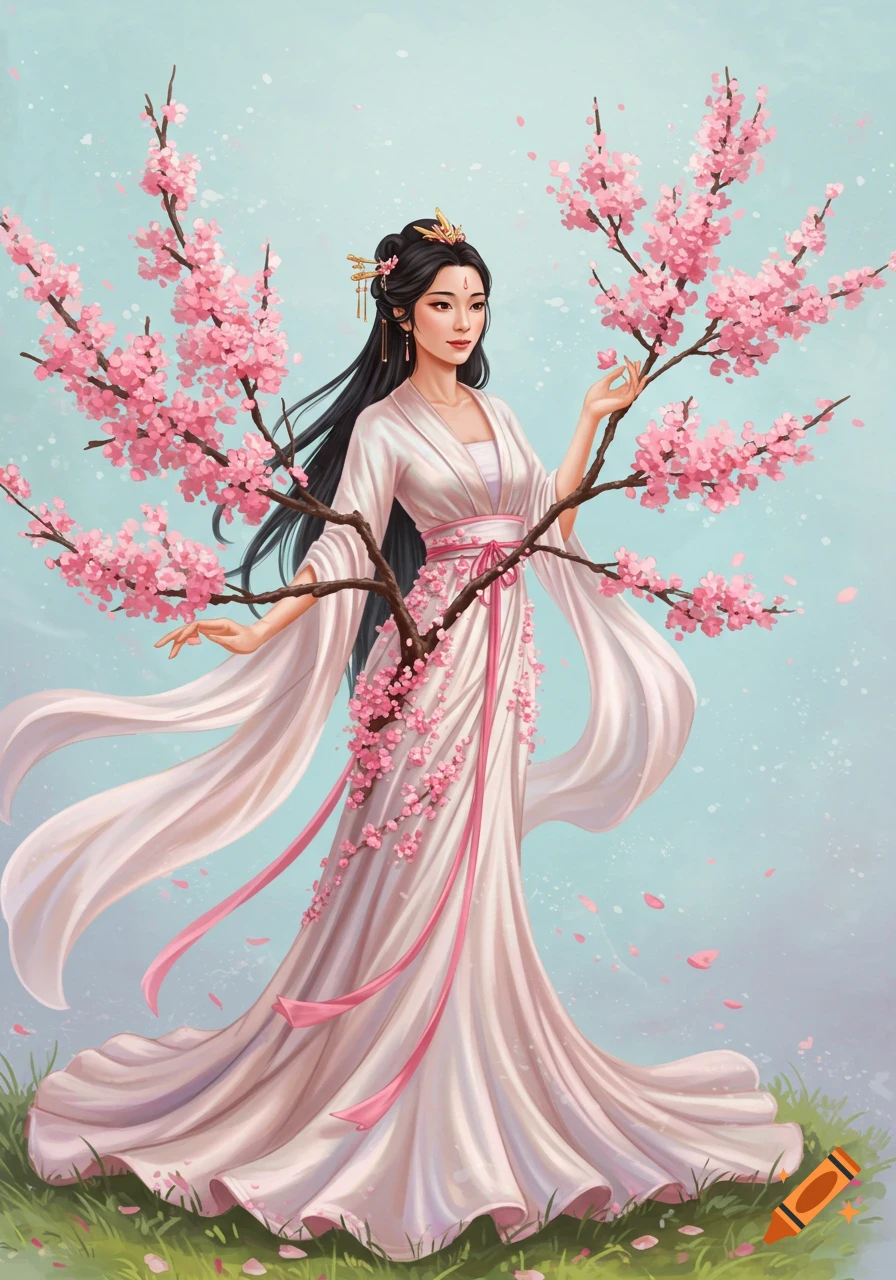 A fantasy illustration of an Asian woman in a flowing cherry blossom dress standing in a field.