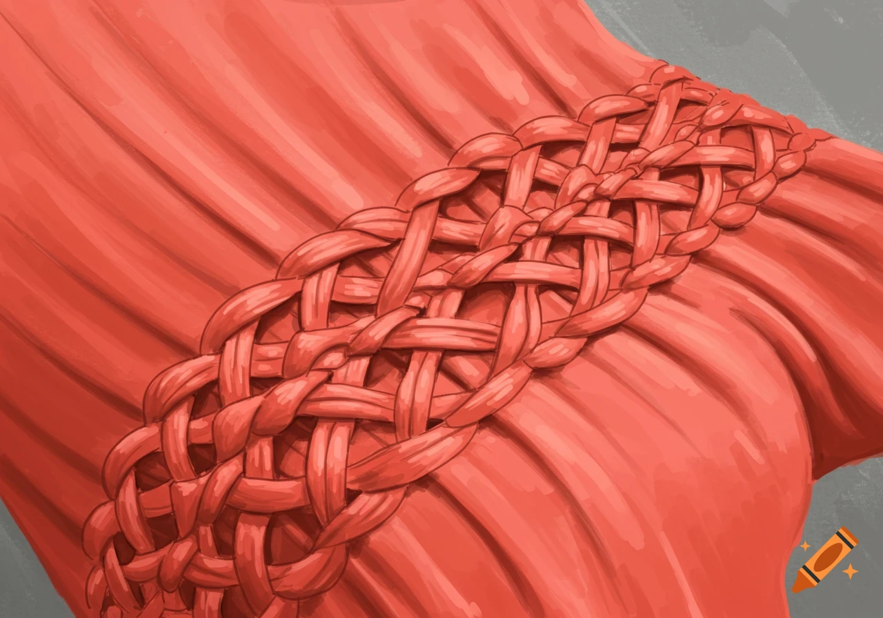 Close-up of coral fabric with a complex braided pattern