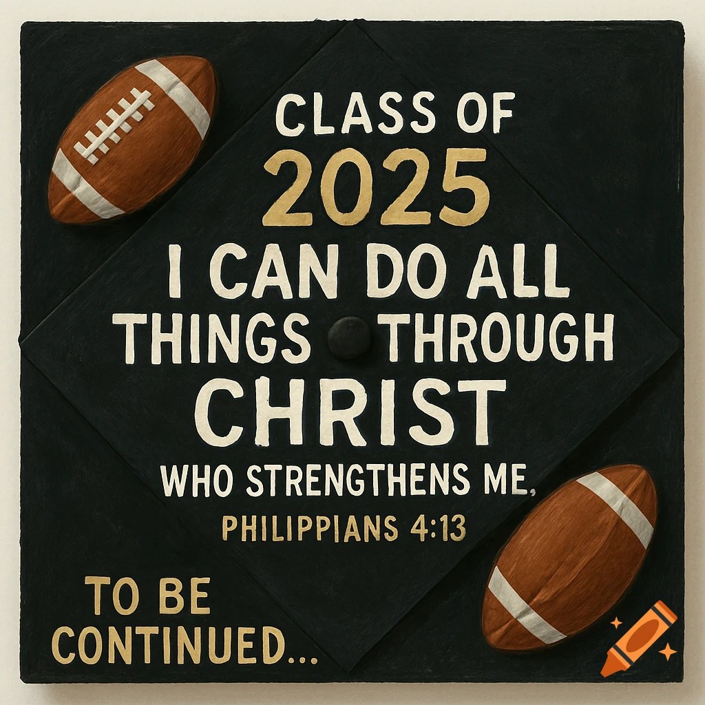 Black graduation cap decorated with \"Class of 2025\", bible verse \"I CAN DO ALL THINGS THROUGH CHRIST WHO STRENGTHENS ME. PHILIPPIANS 4:13\", \"TO BE CONTINUED...\", and two footballs.