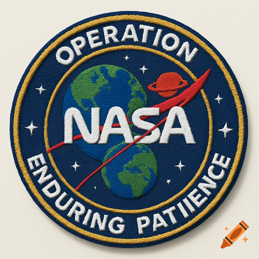 An embroidered patch logo for 'Operation Enduring Patience' with NASA text, globes, and Mars.
