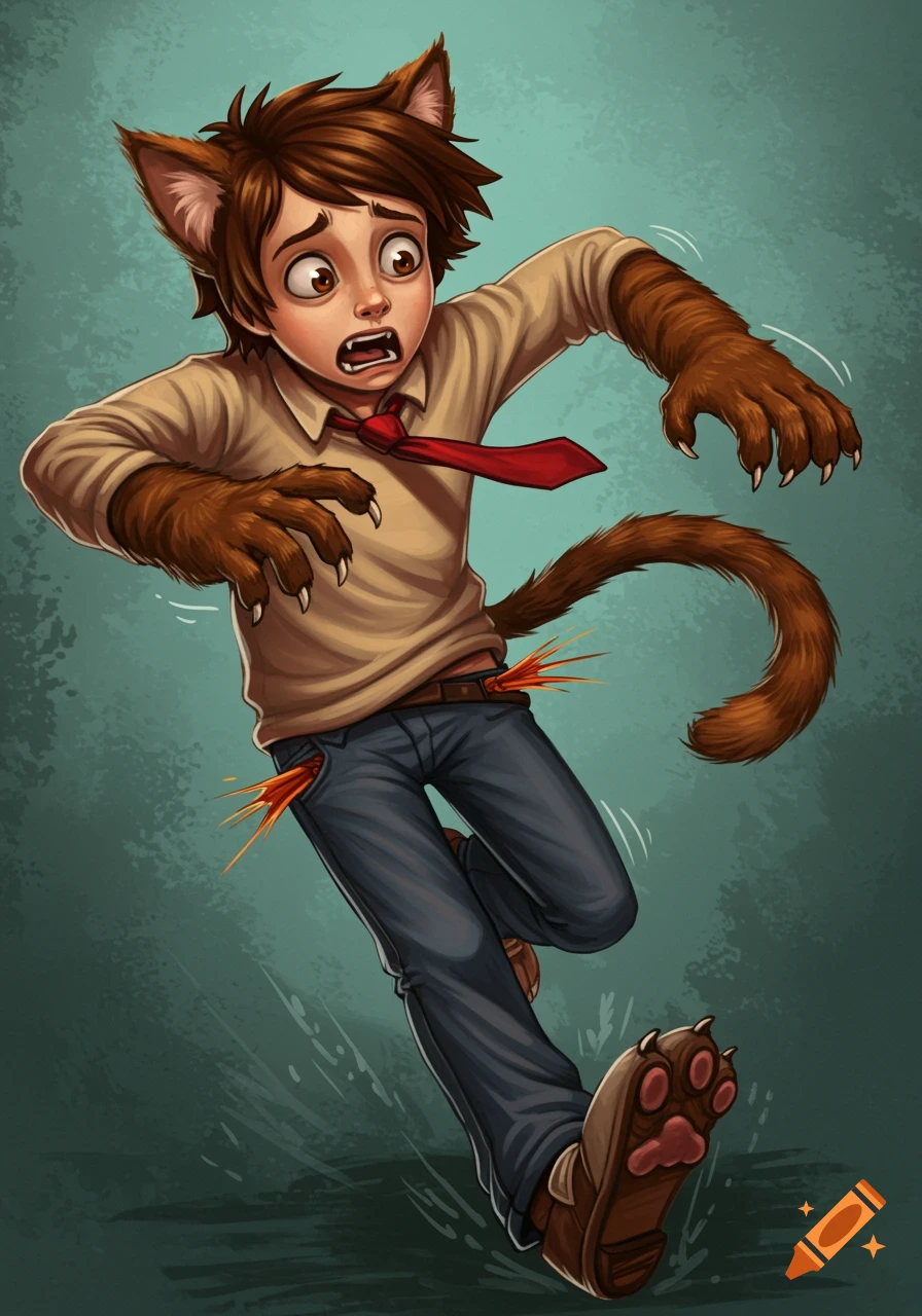 Illustration of a boy running in a panic as he transforms into a cat with paws and a tail.