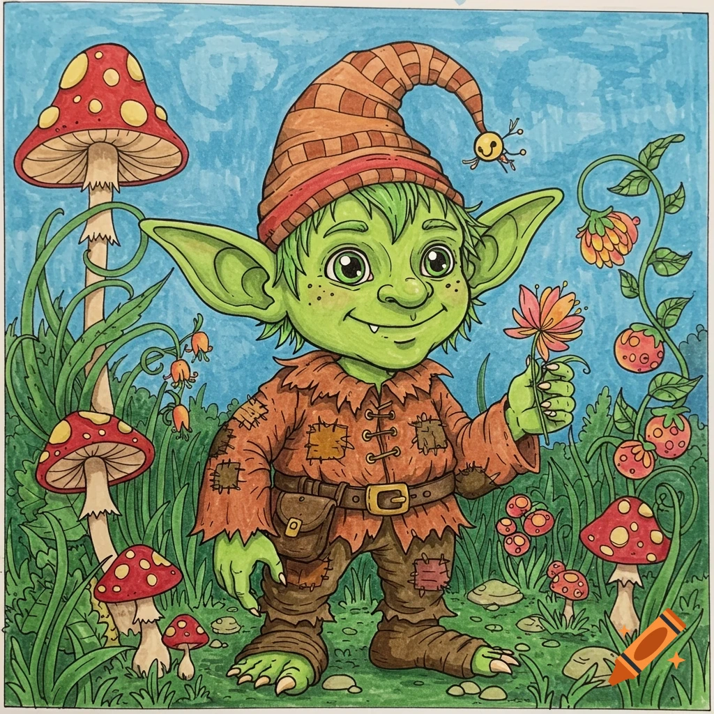 Cartoon green goblin holding a flower in a forest with mushrooms and plants. Colored illustration style.