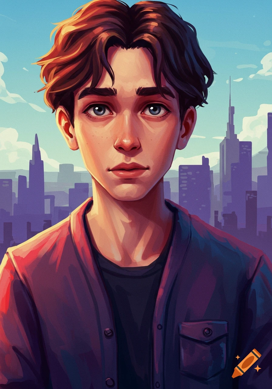 Stylized portrait of a young person in a jacket against a blurred city skyline.