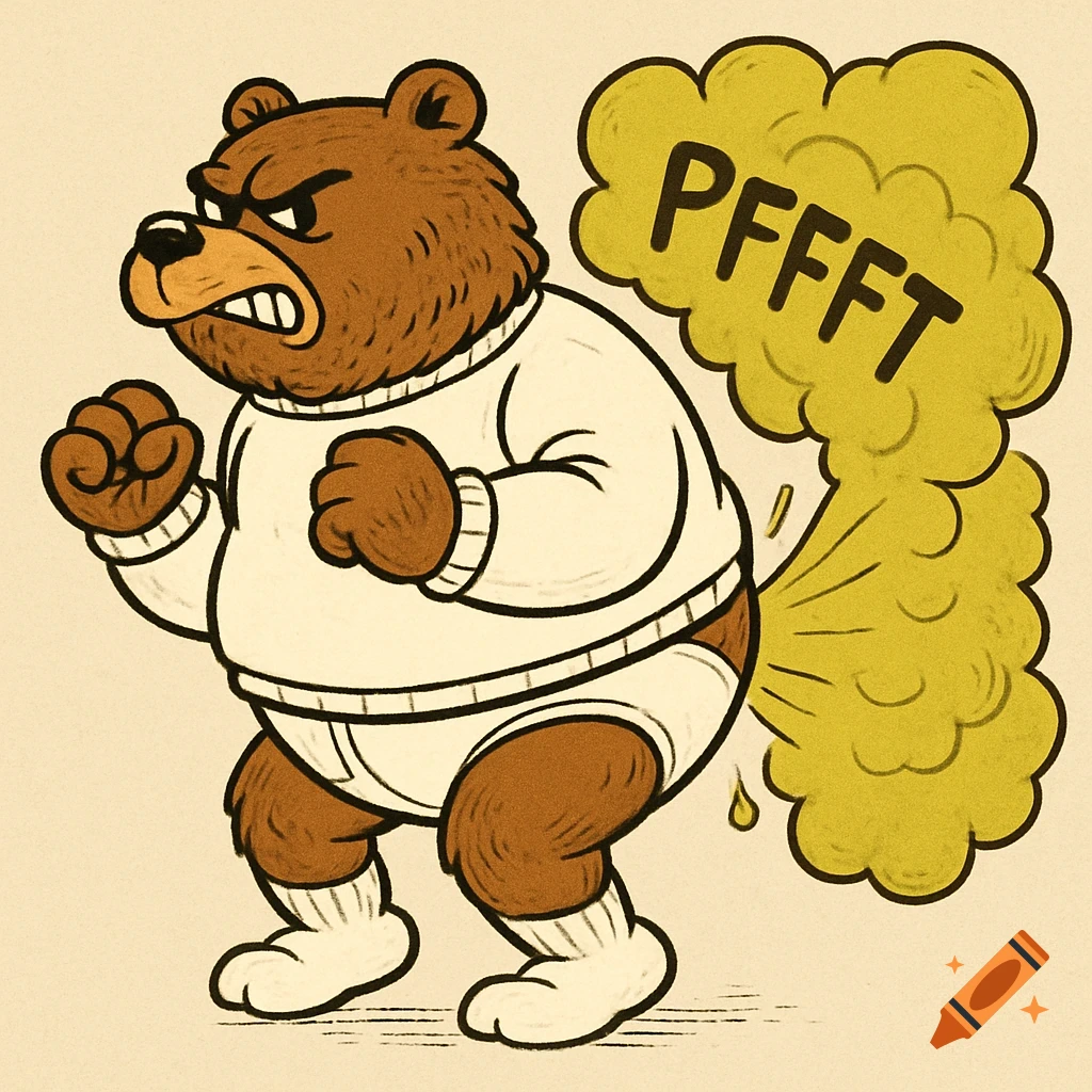 Cartoon bear in a sweater and briefs farting with 'PFFFT' text.