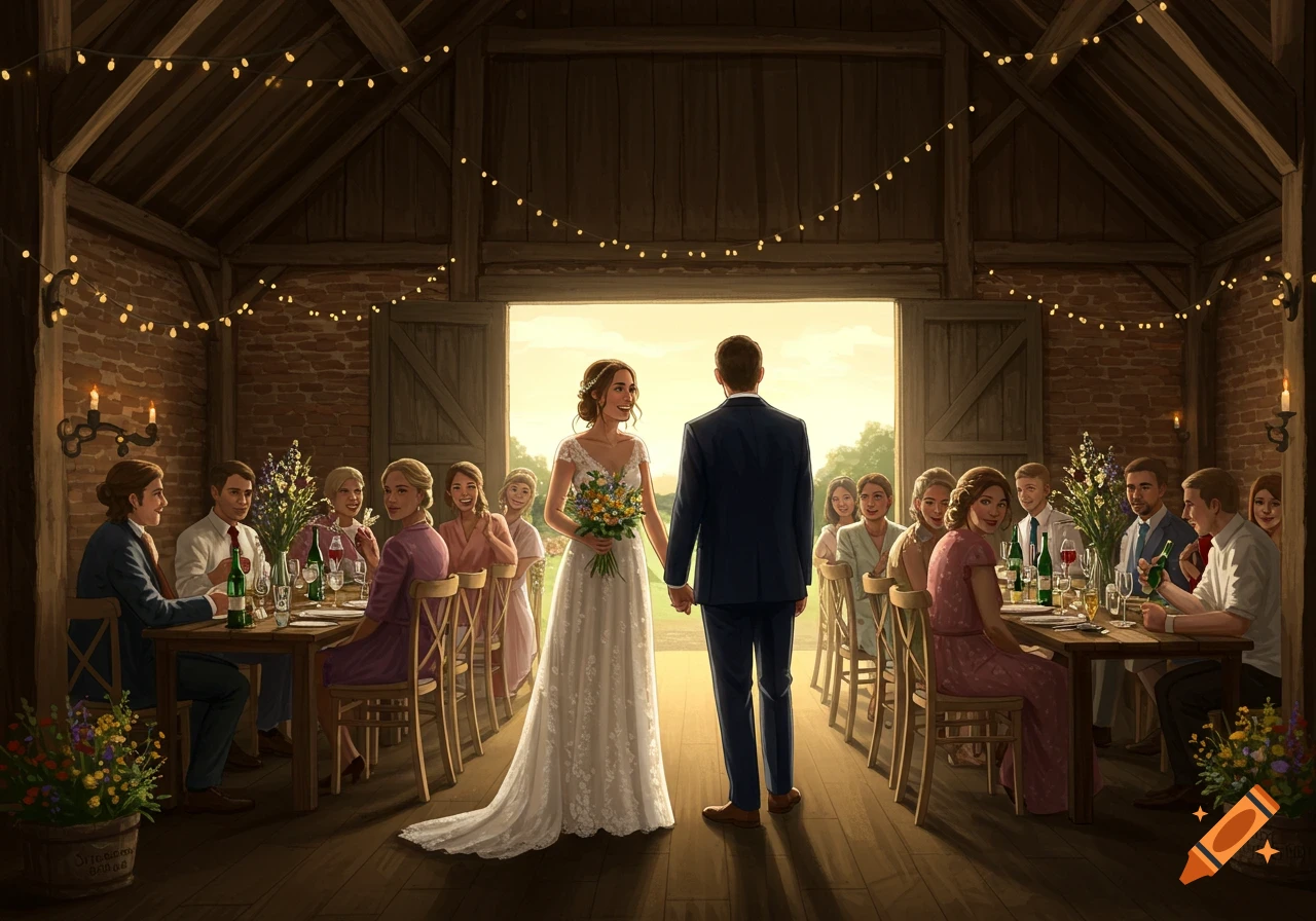 Wedding couple holding hands in a barn, looking at seated guests at tables.