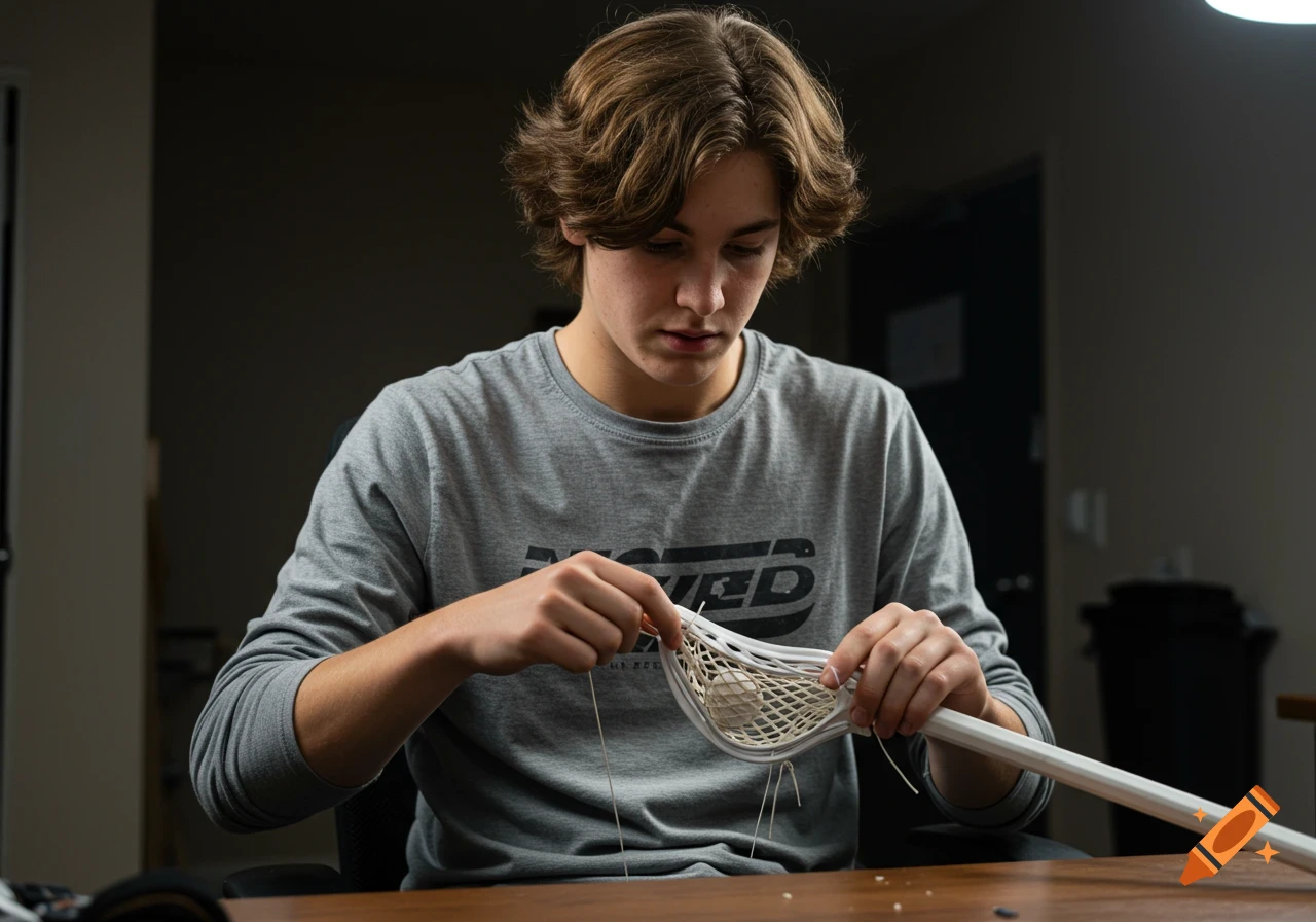 Young man stringing a lacrosse stick head