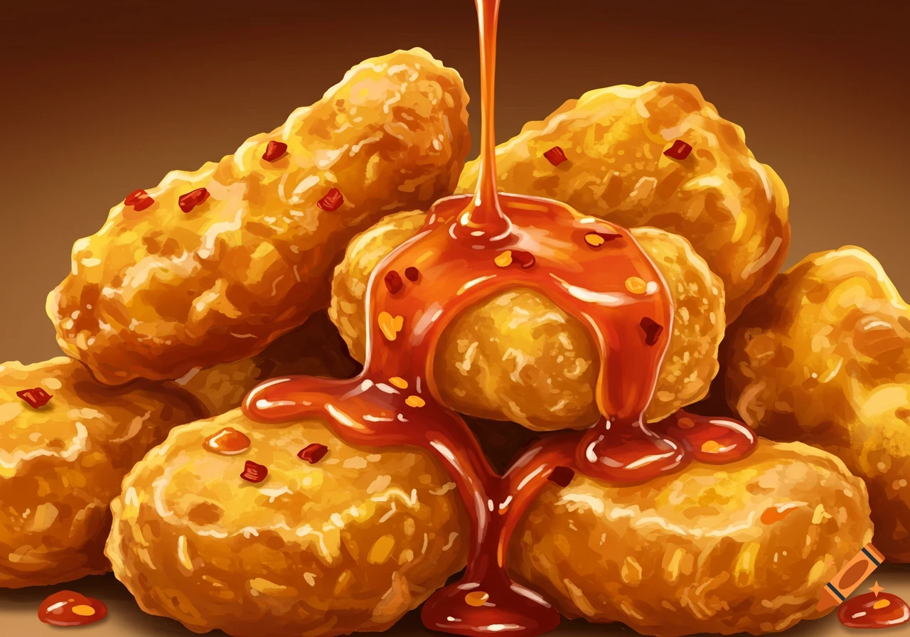 Close up of chicken nuggets being drizzled with sweet and sour sauce.