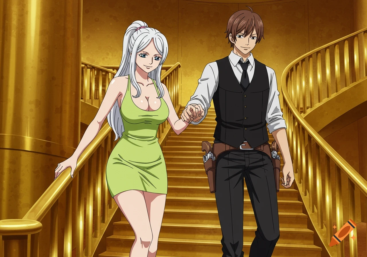 Anime couple in formal wear, holding hands and walking down a golden staircase.